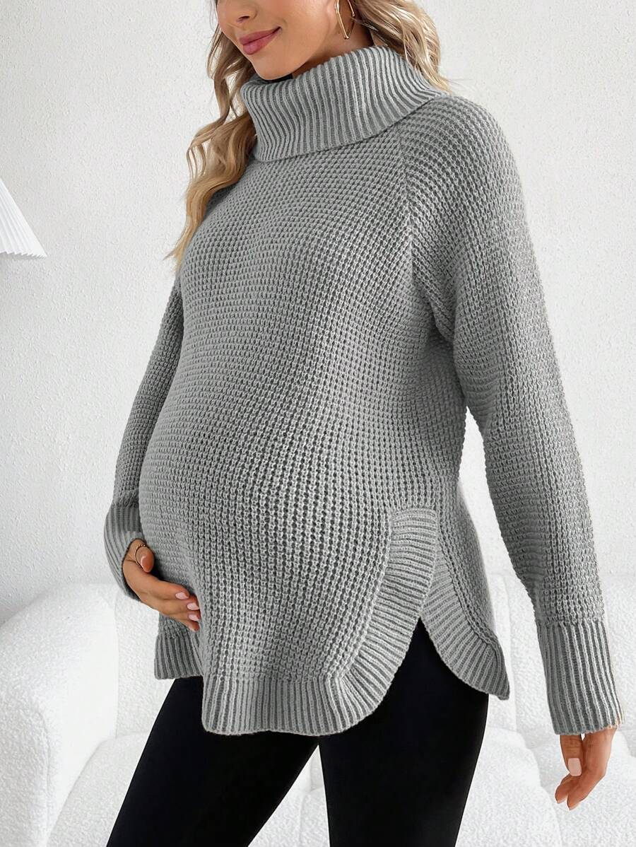 SHEIN Maternity Turtleneck Raglan Sleeve Sweater - Grey - View 1