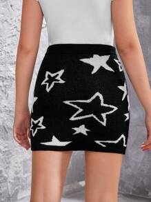 Fashionable Teen Girl Knit Skirt With Pentagram Pattern - Black - View 2