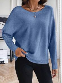 SHEIN LUNE Suéter de cuello redondo de manga larga de punto para otoño e invierno - Azul - Ver 4