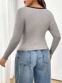 Flirla 大码女式甜心领针织罗纹毛衣，秋冬款 - 灰色 - 查看 2