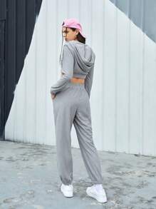 SHEIN Sports Women's Spring & Summer Hooded Drawstring Crop Top Hoodie And Sweatpants Sportswear Set Grey Teen Girls Setsretro Outfit For Women
