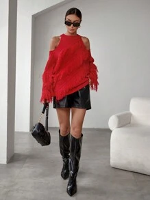 SHEIN LUNE Suéter feminino de tricô com ombros à mostra e franjas. Ideal para outono e inverno. - Vermelho - Ver 5