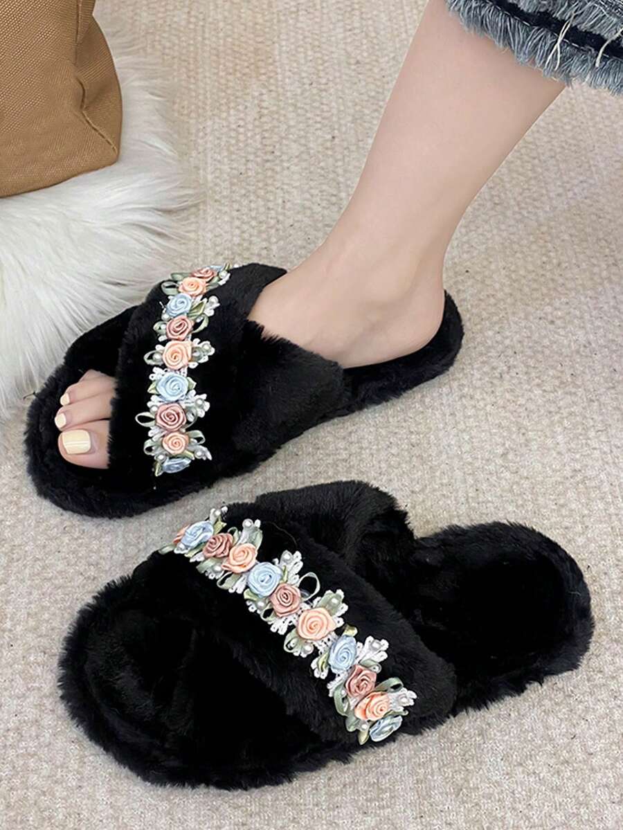 時尚流行珍珠&花&裝飾女式交叉帶拖鞋,適用於秋冬季節