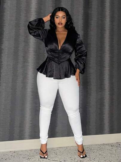 Slaydiva Plus Size Women's Lantern Sleeve Blouse