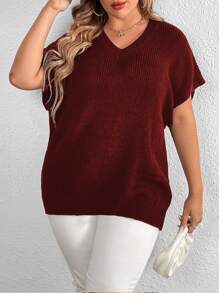Calvaya Plus Size Solid Color Knitted Top - Burgundy - View 6