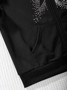 Sudadera Con Capucha Para Adolescentes Con Cierre De Cremallera Y Patrón De Estrella - Negro - Ver 4