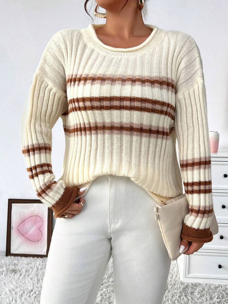 SHEIN Unity Plus Size Striped Drop Shoulder Sweater Knit Pullover Fall Winter Sweater - Multicolor - View 1