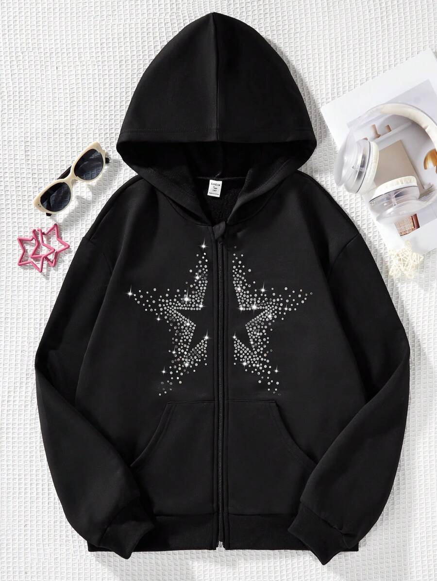 Sudadera Con Capucha Para Adolescentes Con Cierre De Cremallera Y Patrón De Estrella - Negro - Ver 1