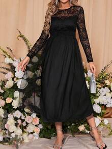 SHEIN 孕婦蕾絲拼接長袖裙 - 黑色 - 查看 8