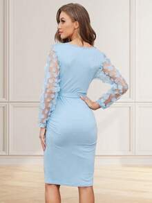 花卉拼接修身圓領孕婦裙,長袖 - 藍色 - 查看 2