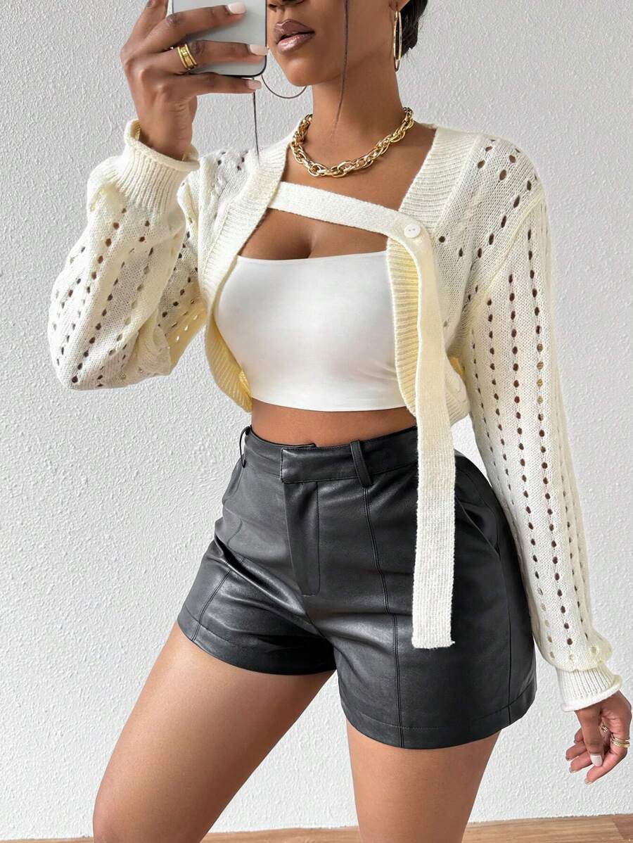 Zolique Ladies' Hollow Out Knit Cropped Cardigan With Open Front - White - View 1