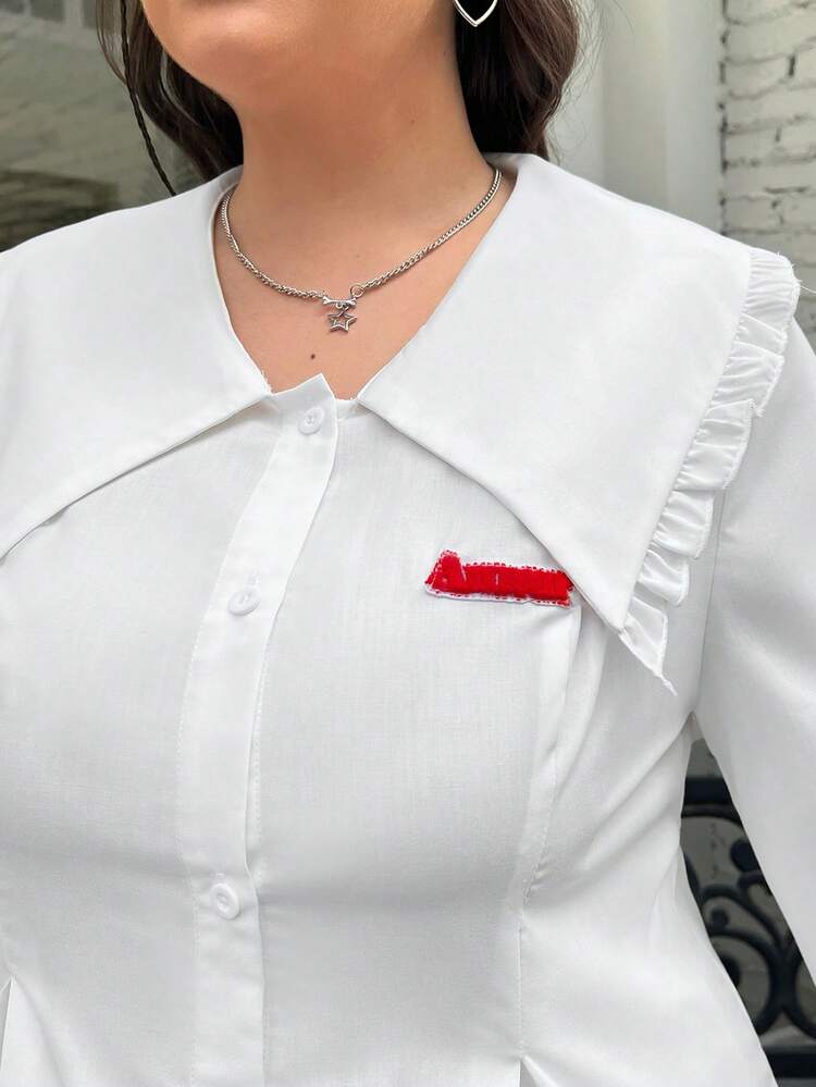 Women'S Plus Size Patched Detail Shirt & Skirt Set With Button Detail