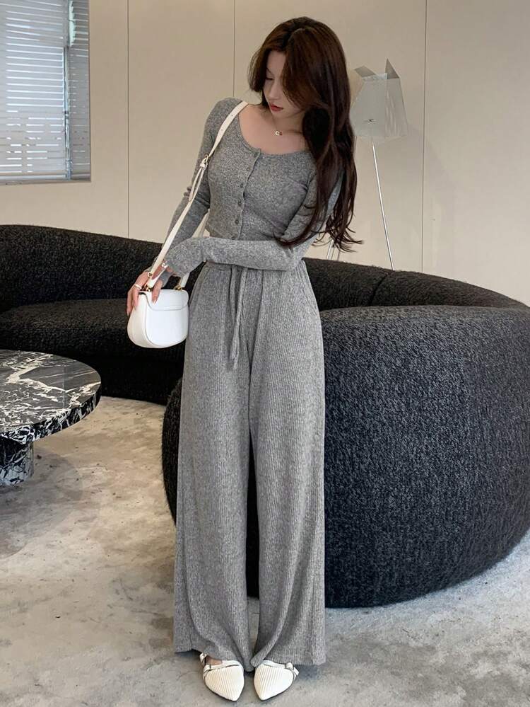 Women's Single-Breasted Long Sleeve Top And Drawstring Waist Pants Set,Women Two Pieces Sets Lounge Sets For Women