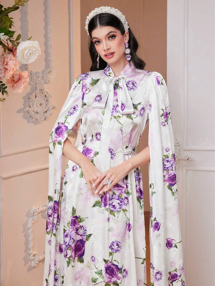 Women'S Floral Printed Dress With Extra Long Sleeves Long Evening Dresses