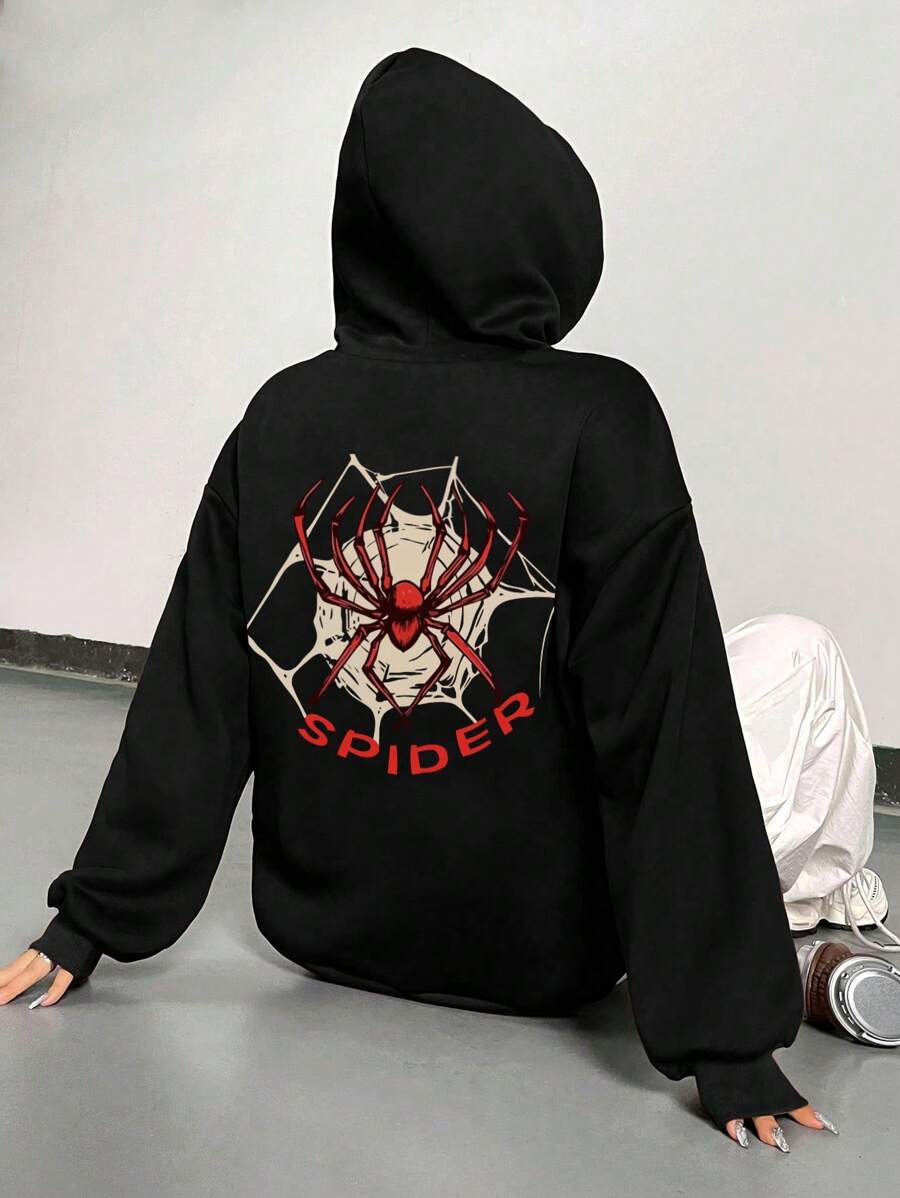 SHEIN EZwear Sudadera Con Capucha Impresa De Araña - Negro - Ver 1