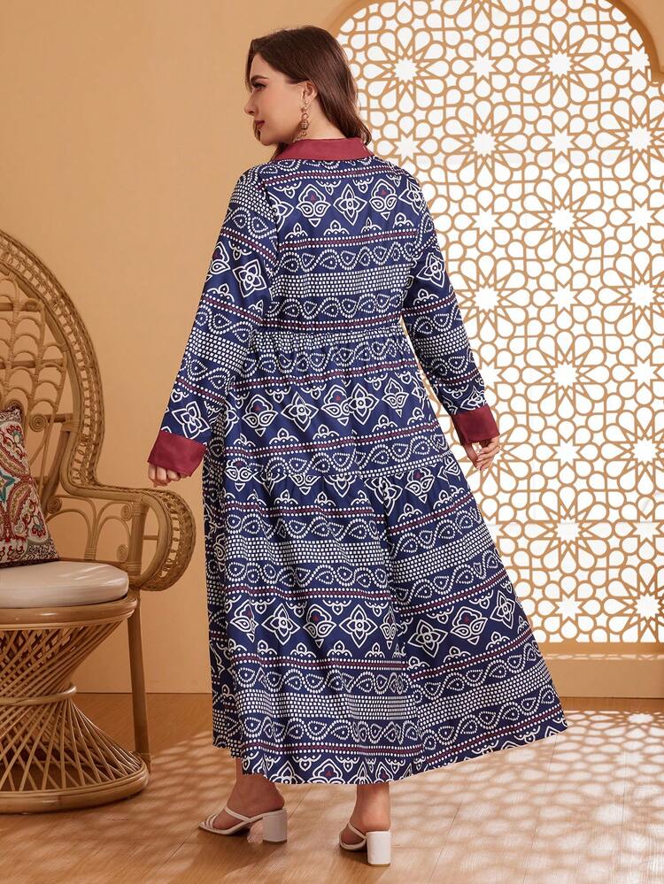 Women'S Plus Size Full Print Contrast Color Roll Edge Button Detail Fashion Dress