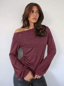 SHEIN Essnce 女式斜肩長袖t恤 - 酒紅色 - 查看 1