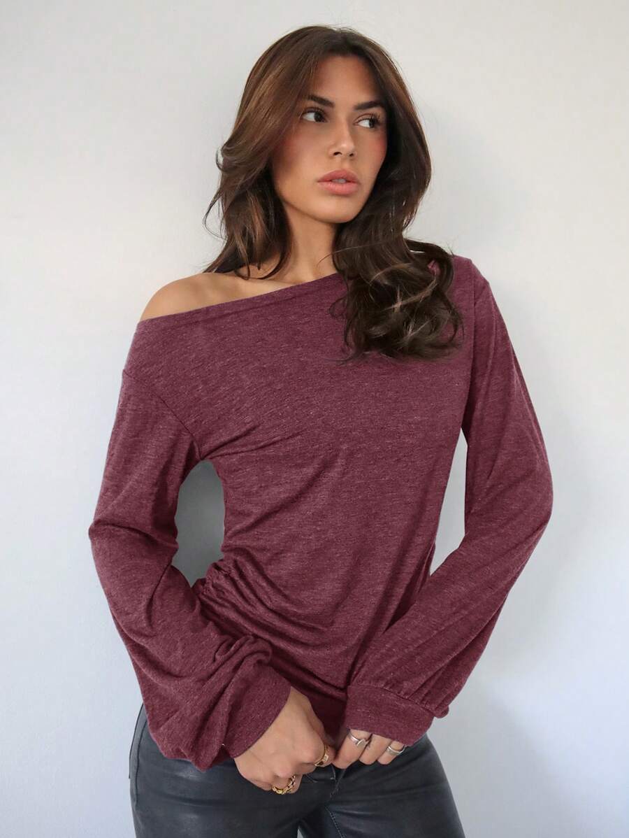 SHEIN Essnce 女式斜肩長袖t恤 - 酒紅色 - 查看 1