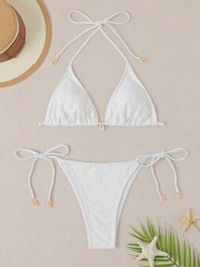 SHEIN Swim Summer Jacquard Triangle Cup Bikini With Knotted Side Swimwear Set Wedding