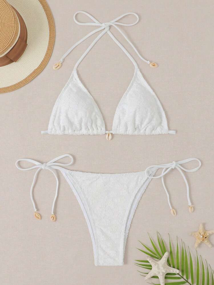 Summer Jacquard Triangle Cup Bikini With Knotted Side Swimwear Set Wedding