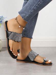 波西米亞閃亮鑲鑽腳趾環大尺寸平底沙灘羅馬風格拖鞋,女士夏季戶外穿著 - 黑色 - 查看 5