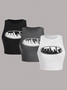 SHEIN EZwear 3入組大尺碼女性時尚印花短上衣 - 黑與白 - 查看 1