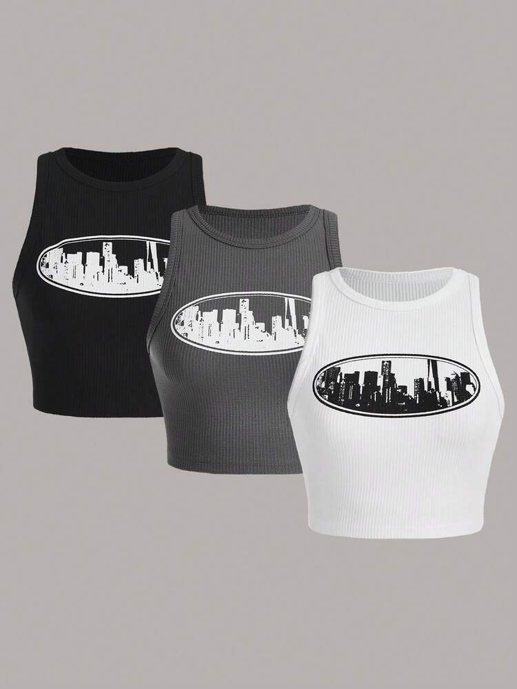 3pcs/Set Plus Size Women Stylish Printed Crop Tops