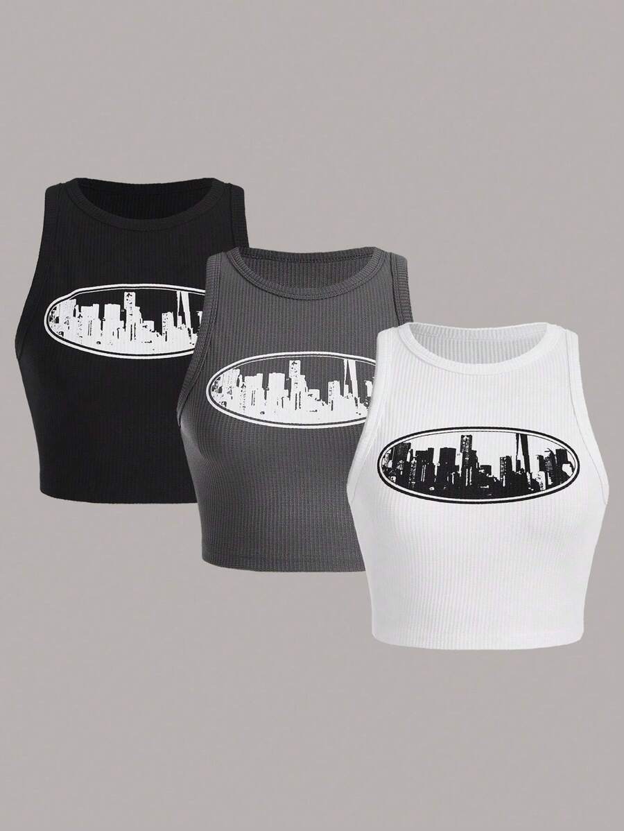 SHEIN EZwear 3入組大尺碼女性時尚印花短上衣 - 黑與白 - 查看 1