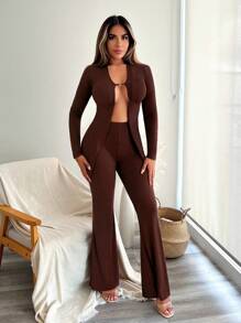 SHEIN SXY 新年女裝性感微喇女士套裝 - 棕色 - 查看 4