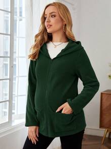 SHEIN 孕婦連帽拉鍊外套,開襟設計配鈕扣裝飾 - 墨綠色 - 查看 4