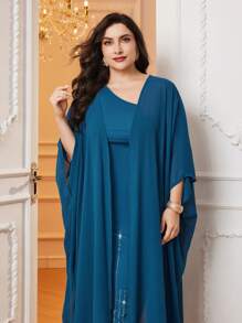 Modelyn 加大碼鑽石裝飾洋裝連夾克2件套 - 藍色 - 查看 5