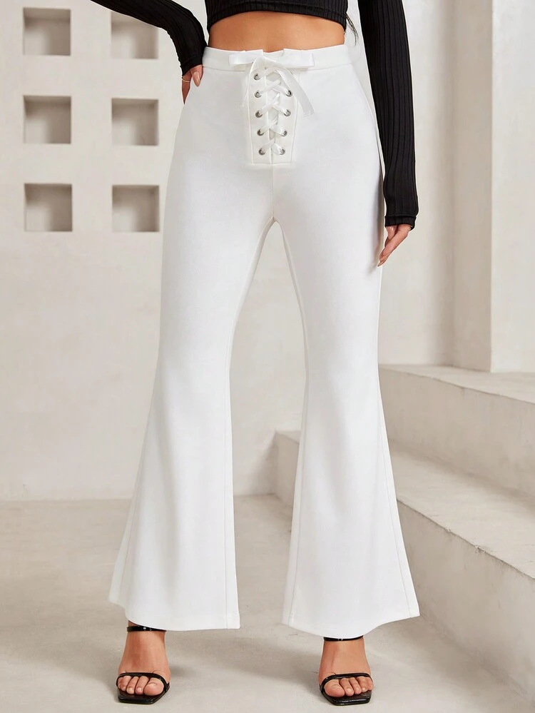 Women's Tie-Waist Flared Pants With Button Front