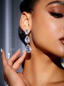 SHEIN SXY 1對水滴形歐美復古奢華寶石耳環 - 無色 - 查看 2