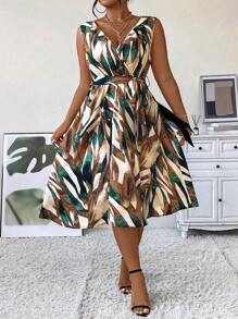 Breezaya Plus Size Sleeveless Full Print Belted Dress - Dark Green - View 3