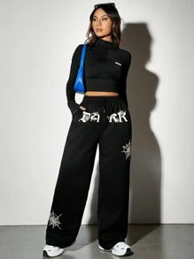 SHEIN EZwear 抽繩腰部蜘蛛網&字母印花慢跑褲 - 黑色 - 查看 3