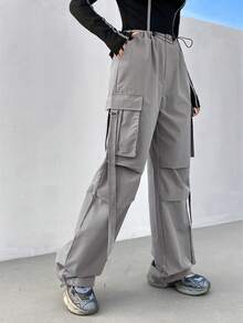 SHEIN Coolane 束口腰降落傘褲 - 灰色 - 查看 4