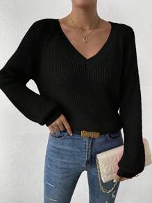 EMERY ROSE V Neck Raglan Sleeve Ribbed Knit Sweater,Long Sleeve Tops Knit Pullover Fall Winter Sweater - Black - View 5