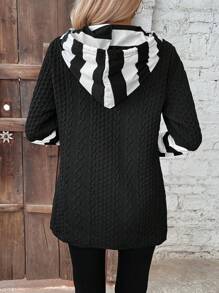 SHEIN LUNE Khối màu Sọc Tay áo dài Áo nỉ - Đen và trắng - Xem 2
