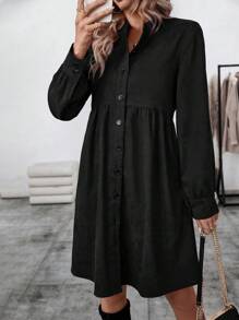 SHEIN LUNE Vestido Con Botones De Color Liso Para Mujer - Negro - Ver 1
