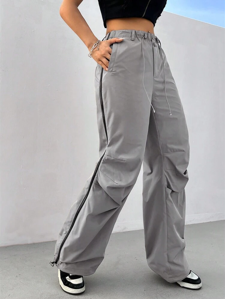 Pleated Elastic Waist Pants With Side Zipper And Drawstring