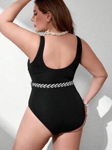 SHEIN Swim Curve Maillot de bain 1 pièce avec ceinture en argent, pour grandes tailles, pour l'été - Noir - Voir 4