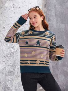 Teen Girls' Striped & Star Pattern Drop Shoulder Sweater - Royal Blue - View 3