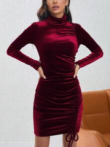 女士立領褶皺絨面洋裝 - 酒紅色 - 查看 1