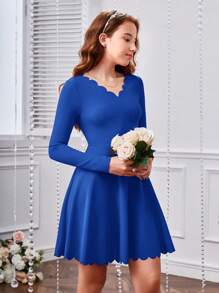 SHEIN 少女們的針織純色波浪和燒花紋休閒長袖連衣裙 - 寶藍色 - 查看 6