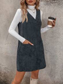 SHEIN LUNE 女款 V 領拼色口袋連身裙 - 灰色 - 查看 3