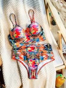 SHEIN Swim 女性性感印花比基尼泳衣,配有硬杯和鋼托,適合音樂節 - 彩色 - 查看 3