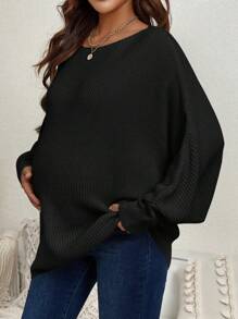 SHEIN Maternidad Jersey de manga murciélago tejido de canalé - Negro - Ver 4