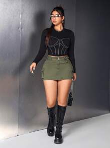 SHEIN ICON 大尺碼女士工作服牛仔裙帶口袋 - 軍綠色 - 查看 4