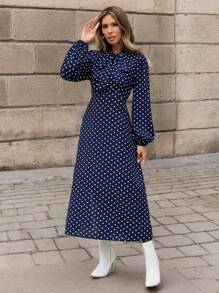 SHEIN Clasi 女士波點連身裙,有綁帶領和燈籠袖 - 彩色 - 查看 3