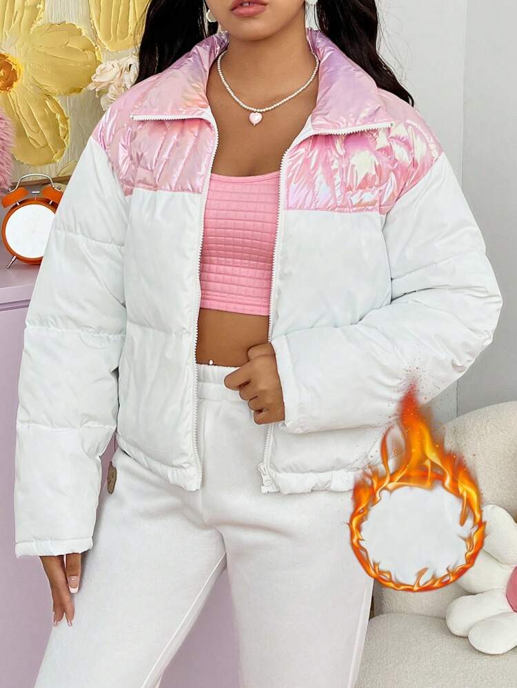Women's White & Pink Splicing Quilting Seam Fashionable Padded Coat